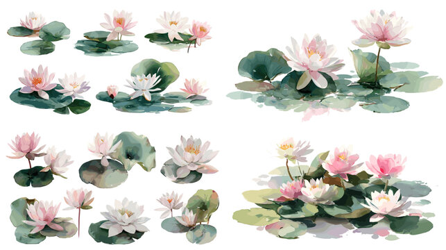 Watercolor lotus flowers and lily pads collection painted in soft natural tones ideal for spa decor botanical art meditation themes and peaceful nature inspired illustrations