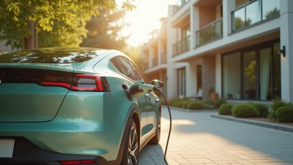 Electric car charging with cable plugged into port on rear side, blue ev connected during golden sunset on residential street, eco charging scene concept of electric mobility, sustainable transport, g