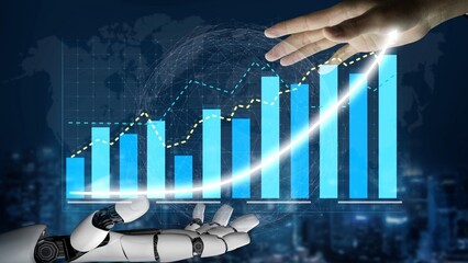 A stunning visual representation of a human hand reaching out to a robotic arm, symbolizing collaboration in technology, growth, and data analysis in a digital landscape. Copula