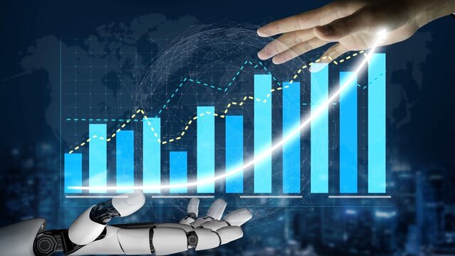 A stunning visual representation of a human hand reaching out to a robotic arm, symbolizing collaboration in technology, growth, and data analysis in a digital landscape. Copula - Powered by Adobe