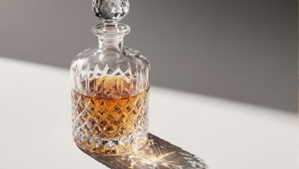 Elegant Crystal Decanter Filled with Amber Liquor on White Surface.