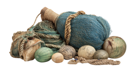Fishing gear with blue net, rope, and wooden floats, showing nautical marine equipment on transparent background