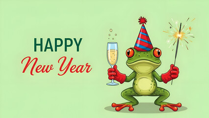 Happy new year celebration with cartoon frog and sparkling firework
