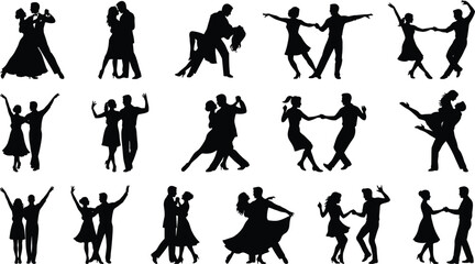 Collection of dancing couple silhouettes, romantic partner dance icons, ballroom and salsa performers vector illustration set, wedding party figures, isolated black symbols