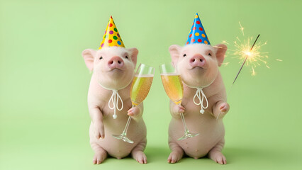 Two pigs celebrating with champagne and sparklers on green background