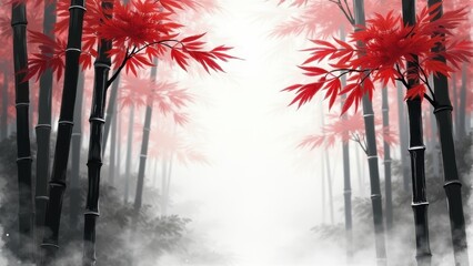 Bamboo forest in misty autumn landscape, red maple leaves floating, meditation retreat