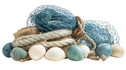Nautical marine still life with blue fishing net, rope, and buoys on transparent background