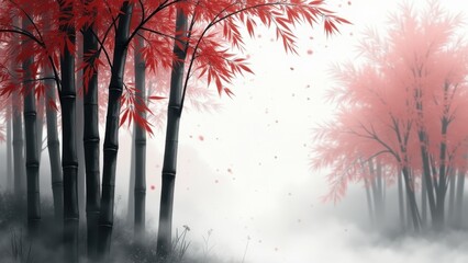 Bamboo forest in misty autumn landscape, red maple leaves floating, meditation retreat