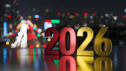 Happy new year 2026 celebration with city lights