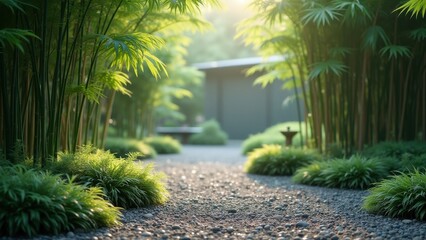 Serene gravel path winding through lush bamboo grove, sunlight filtering through tall green stalks in zen garden