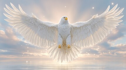 Obraz premium Majestic white bird with massive wings spreads out over shimmering water under bright sky