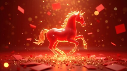 Red horse with golden mane saddle and harness on pedestal with piled gold coins, floating ancient coins and red mystic knots hanging, concept of chinese new year, lunar celebrations, wealth symbols