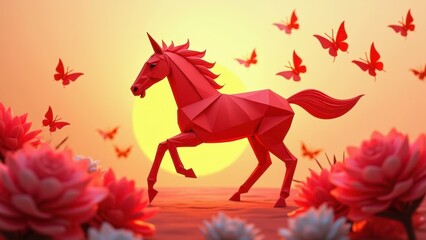 Dynamic red polygonal horse galloping over blooming peony field at golden sunset, low poly geometric design with flowing mane in warm crimson landscape, symbolic zodiac art, concept of chinese new yea