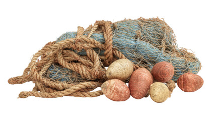 Fishing net with ropes and buoys, catching marine life, nautical equipment for ocean harvest, isolated