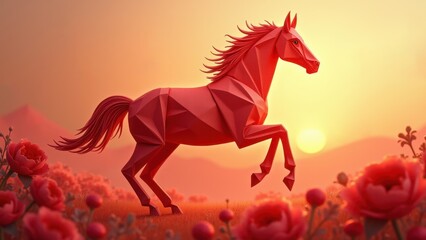 Dynamic red polygonal horse galloping over blooming peony field at golden sunset, low poly geometric design with flowing mane in warm crimson landscape, symbolic zodiac art, concept of chinese new yea