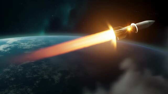 A missile with a nuclear warhead flies above the Earth, invincible force and danger