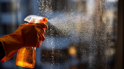 Gloved hand spraying window cleaner, cleaning glass at home, sunny bokeh background, hygiene
