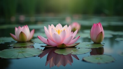 Blooming pink lotus flowers with buds emerging from calm pond water, delicate petals glowing in soft morning light surrounded by lily pads, concept of meditation retreats, wellness spas