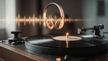 Golden Headphones Floating Above Vinyl Record Player with Sound Wave Visualization.