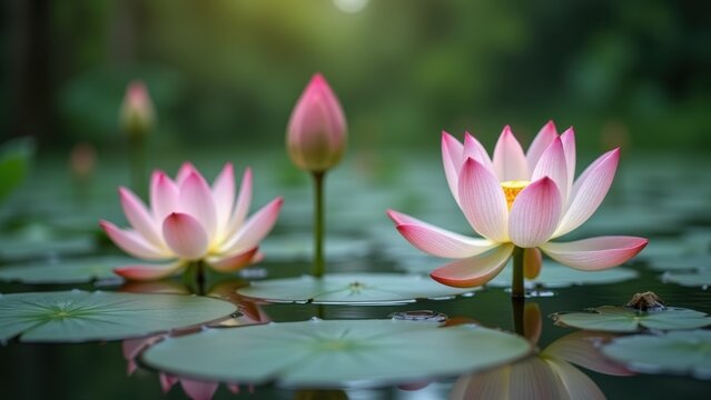 Blooming pink lotus flowers with buds emerging from calm pond water, delicate petals glowing in soft morning light surrounded by lily pads, concept of meditation retreats, wellness spas - Powered by Adobe