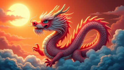 Fototapeta premium Colorful fantasy chinese dragon soaring through fluffy clouds, mythical creature emerging from mist against vibrant orange sunset sky with sun, concept of chinese new year, asian culture