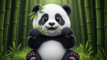 Adorable panda eating bamboo in lush green forest habitat