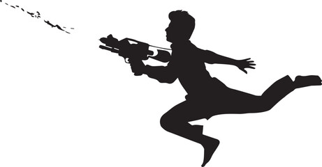 Action hero mid-jump with gun © MDRAYHAN