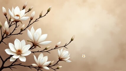 White magnolia flowers blooming on dark branches, soft beige background with floating petals, gentle spring atmosphere, concept of floral wellness, spa relaxation, minimalist interior design.