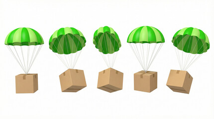 cardboard boxes attached to green parachutes in mid-air, 3D Rendering style, isolated on white background. Concept of shipping and air delivery 