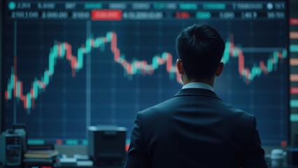 Chenese Businessman in suit viewing large digital stock market display, upward trending chart with chinese flag symbol on screen, concept of china economy, financial trading, investment growth.