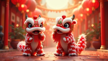 Fototapeta premium Cute lion dance characters performing joyfully with golden bells, traditional red costume in festive street decorated with lanterns, concept of chinese new year, lunar festival, cultural celebration.