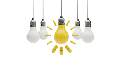 Yellow light bulb with pills symbolizes a bright medical idea