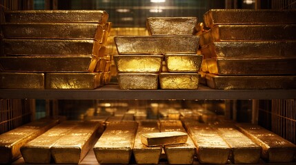Gold bars stored on shelves in a vault, representing wealth and security, with a dark background