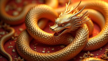 Fototapeta premium Majestic golden chinese dragon coiled with detailed scales, fierce gaze in warm glowing light on blurred background, concept of chinese new year, zodiac symbol, luxury celebration.