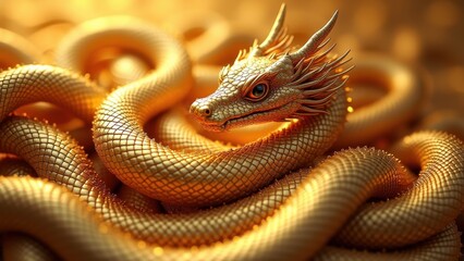 Fototapeta premium Majestic golden chinese dragon coiled with detailed scales, fierce gaze in warm glowing light on blurred background, concept of chinese new year, zodiac symbol, luxury celebration.