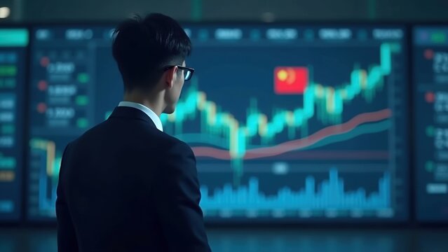Chenese Businessman in suit viewing large digital stock market display, upward trending chart with chinese flag symbol on screen, concept of china economy, financial trading, investment growth. - Powered by Adobe