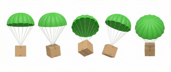 cardboard boxes attached to green parachutes in mid-air, 3D Rendering style, isolated on white background. Concept of shipping and air delivery 