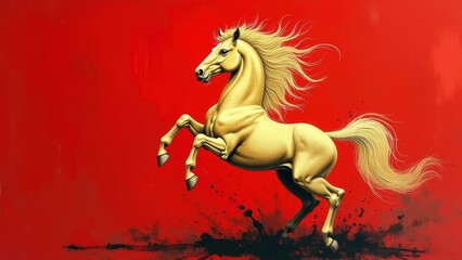 Golden horse galloping dynamically, powerful stride kicking up dust against vibrant red textured background, concept of chinese new year, zodiac symbol