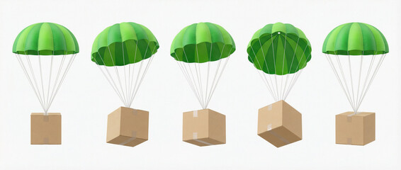 cardboard boxes attached to green parachutes in mid-air, 3D Rendering style, isolated on white background. Concept of shipping and air delivery 