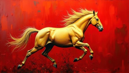 Golden horse galloping dynamically with flowing mane and tail, powerful stride kicking up dust against vibrant red textured background, concept of chinese new year, zodiac symbol