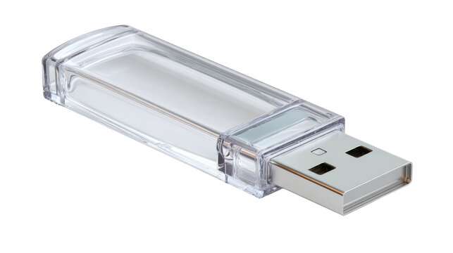 Usb flash drive offering portable digital data storage and transfer. Object features a clear plastic body and metallic connector