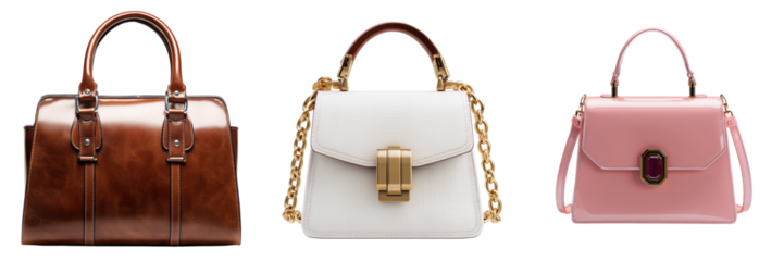 Three stylish handbags in brown white and pink with gold hardware isolated on a transparent background