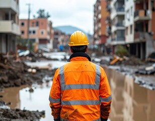Civil Engineer Checking Flood Defenses in Urban Area During Construction Work