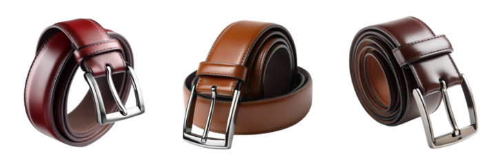 Three rolled leather belts in brown and burgundy with silver buckles isolated on a transparent background