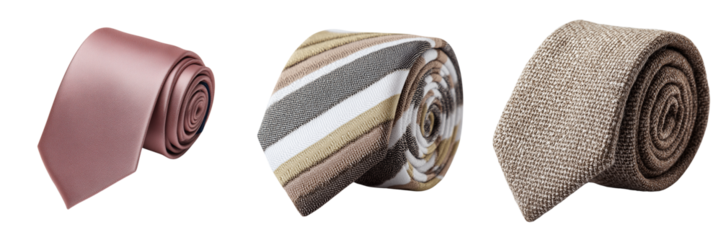 Three rolled neckties one rose gold satin striped and textured brown isolated on a transparent background