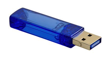 Blue transparent usb flash drive for data storage, computing, memory, and digital information transfer on transparent background