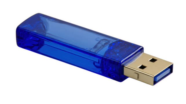 Blue transparent usb flash drive for data storage, computing, memory, and digital information transfer on transparent background - Powered by Adobe