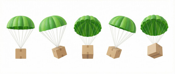 cardboard boxes attached to green parachutes in mid-air, 3D Rendering style, isolated on white background. Concept of shipping and air delivery 