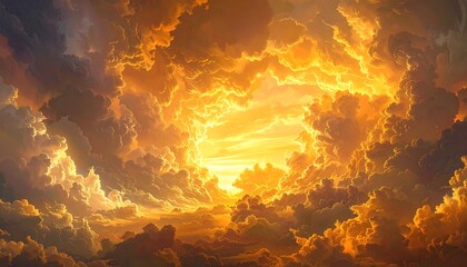 Golden portal. Fluffy clouds encircle a bright, luminous center, suggesting divine passage