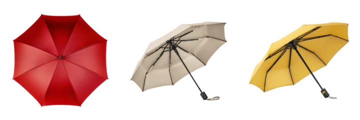 Three open umbrellas in red beige and yellow colors isolated on a transparent background image